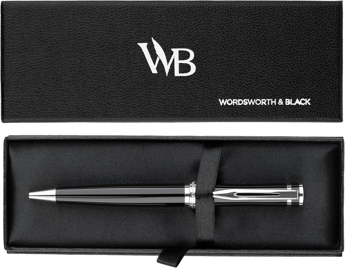 Wordsworth and Black Ballpoint Pen Black Lacquer- Stunning Luxury Pen Chrome Finish, Ink Refill, Best Gift Set for Men & Women, Refillable, Elegant, Nice Pens, Fine Point