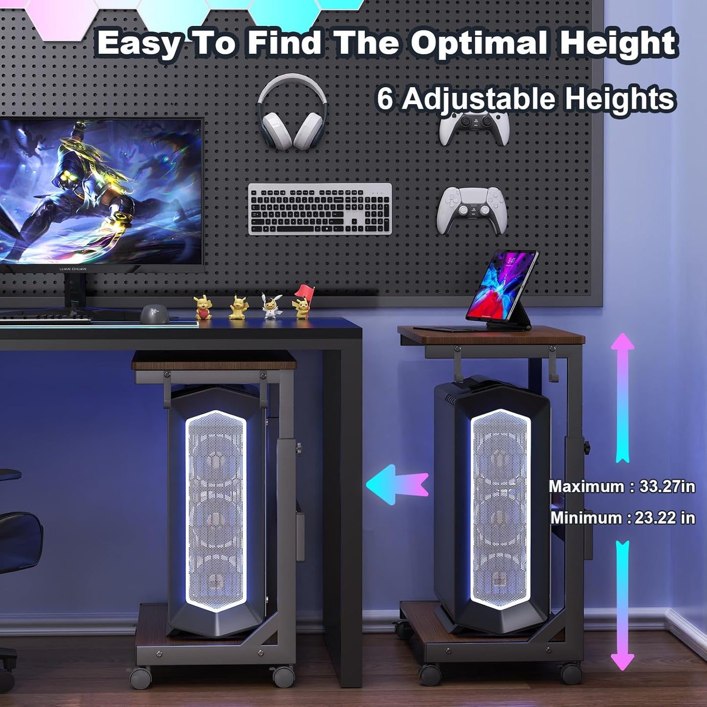 Height Adjustable Computer Tower Stand with Charge Station and USB Charging Port, 2-Tier ATX-Case Cart, Under Desk Mobile PC Stand, CPU Holder Cart with Locking Caster Wheels for Fits Most PC