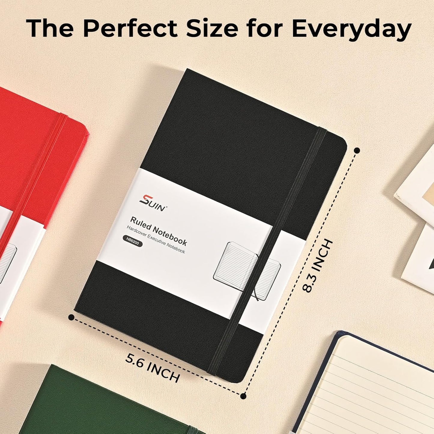 SUIN A5 Hardcover Notebook, 5.5" x 8.3", 100gsm, 160 Pages, Journal for Writing, Notebooks for work - No-Bleed Paper, Inner Pocket, Elastic Closure & Ribbon Bookmark, (Black/Blue/Red-3Pack)