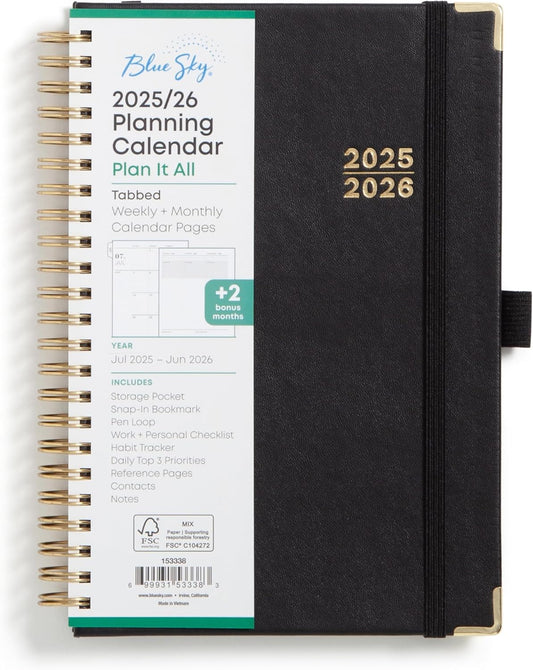 Blue Sky 2025-2026 Academic Year Weekly and Monthly Planner Calendar, July 2025 - June 2026, 12-Month, 5" x 8", Faux Leather Cover, Wirebound, Storage Pocket, Laminated Tabs, Black