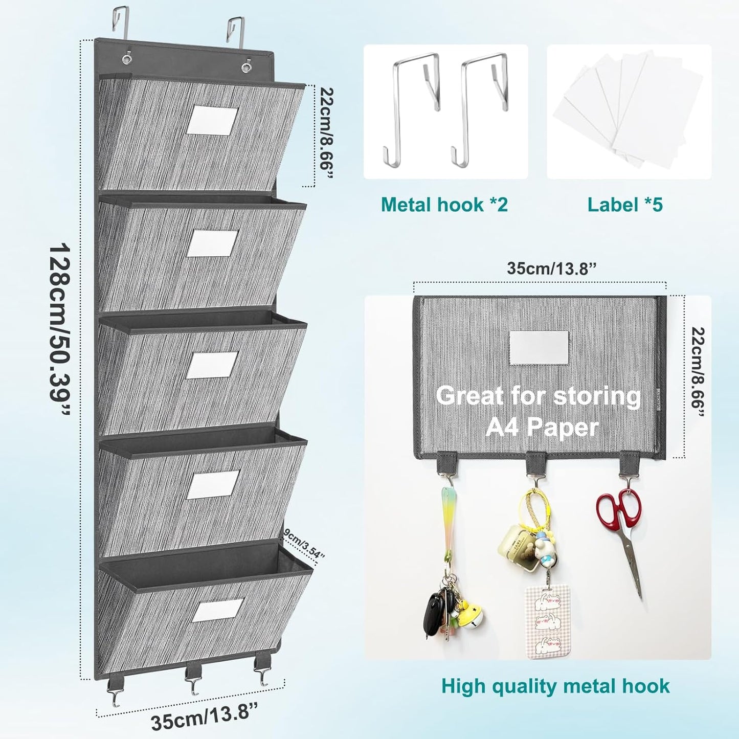 homyfort Over the Door File Organizer, Hanging File Folders, Wall Organizers and Storage for Mail, Magazine, Notebooks, Planners, Office, Classroom, 5 Extra Large Pockets, 50.39” Tall (Grey)