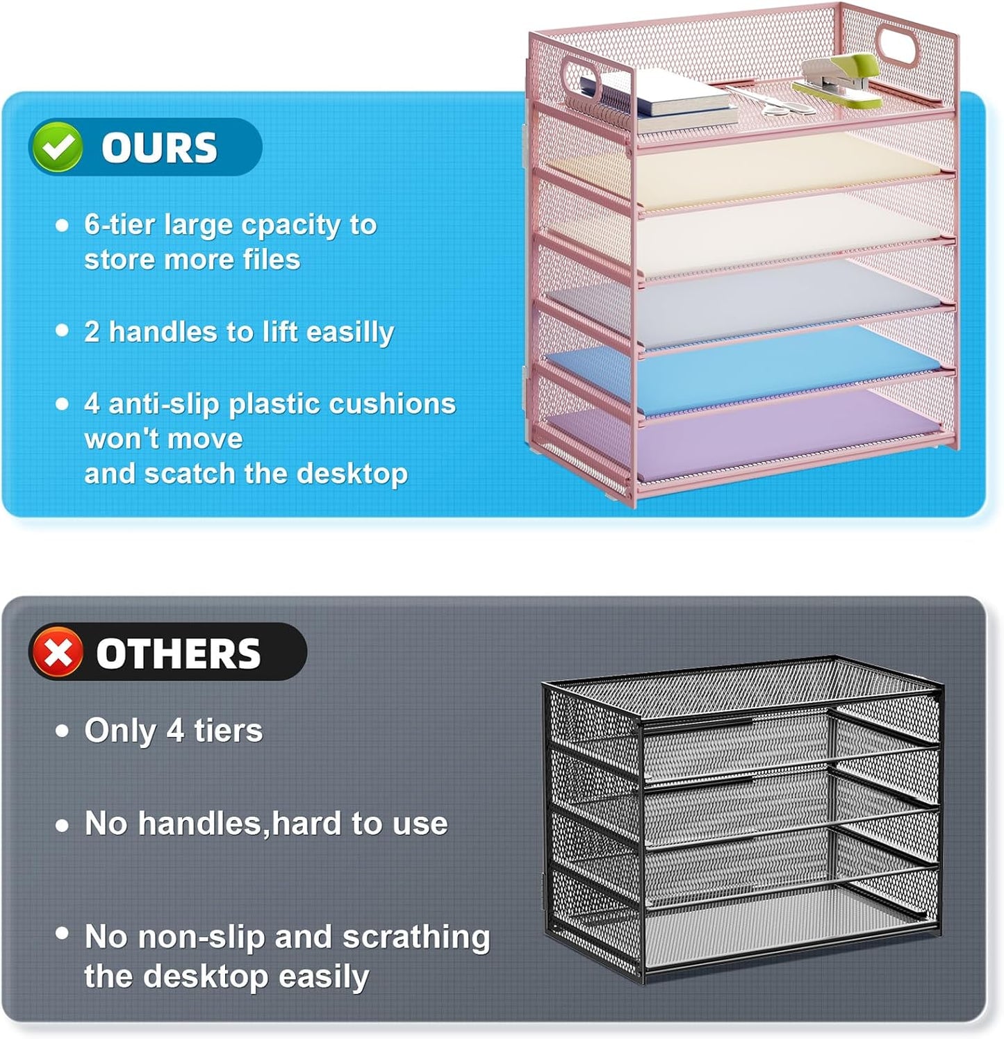 Marbrasse 6 Tier Paper Organizer Letter Tray - Mesh Desk File Organizer with Handle, Paper Sorter for Letter/A4 Office File Folder Holder -Pink