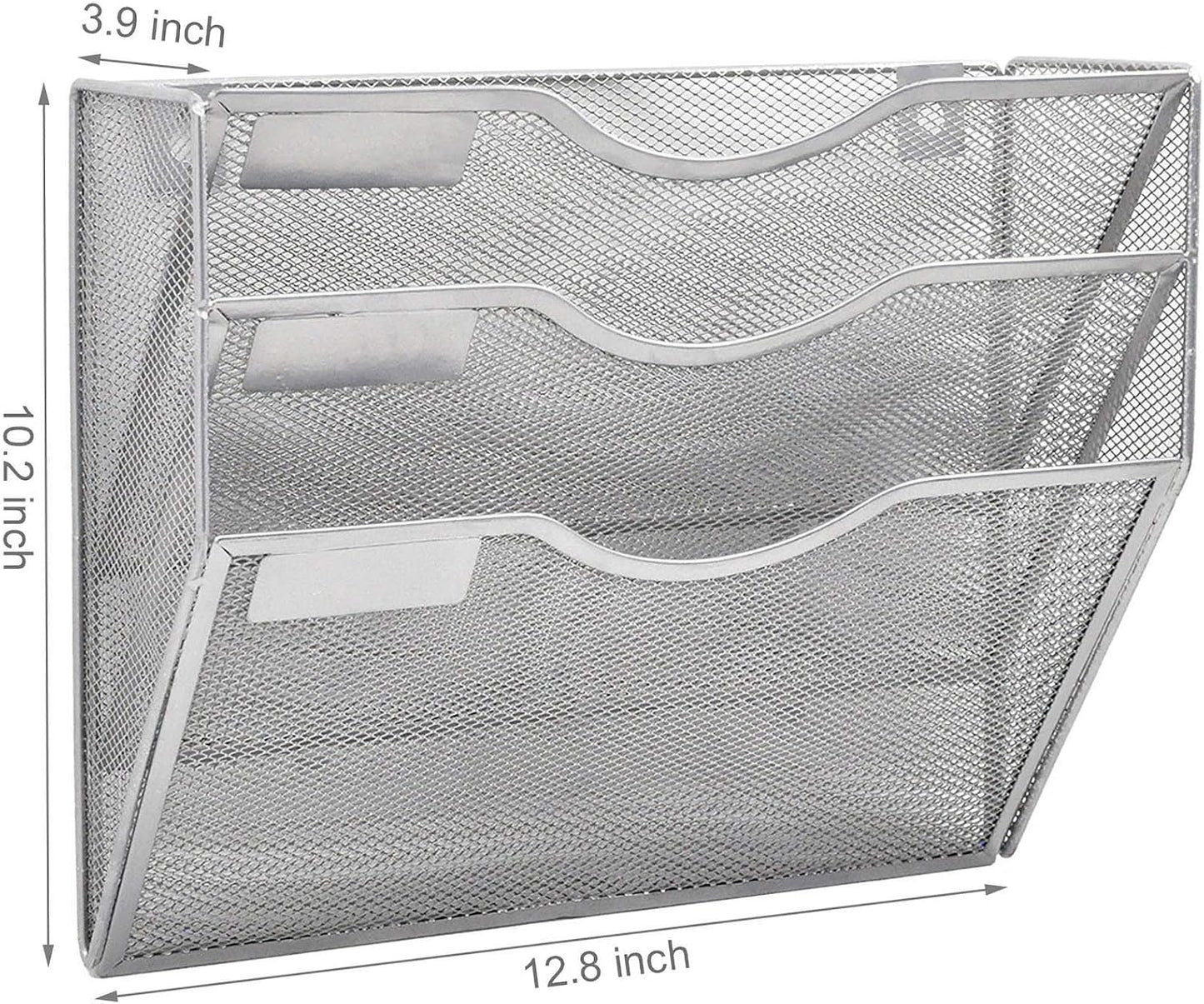 EASEPRES 3 Pocket Mesh Hanging Wall File Organizer, Wall Mounted Mail Paper Document Folder Holder, Clipboard Storage Organization Magazine Rack with Nametag Label for Office Home School, Silver