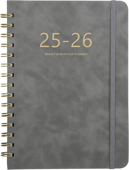 Academic Planner 2025-2026, Weekly and Monthly Calendar Planner, July 2025 - June 2026, 6.4" x 8.5", Faux Leather Cover Yearly Teacher Student Planning Agenda Book with Tabs, Pocket, Notes(Gray)