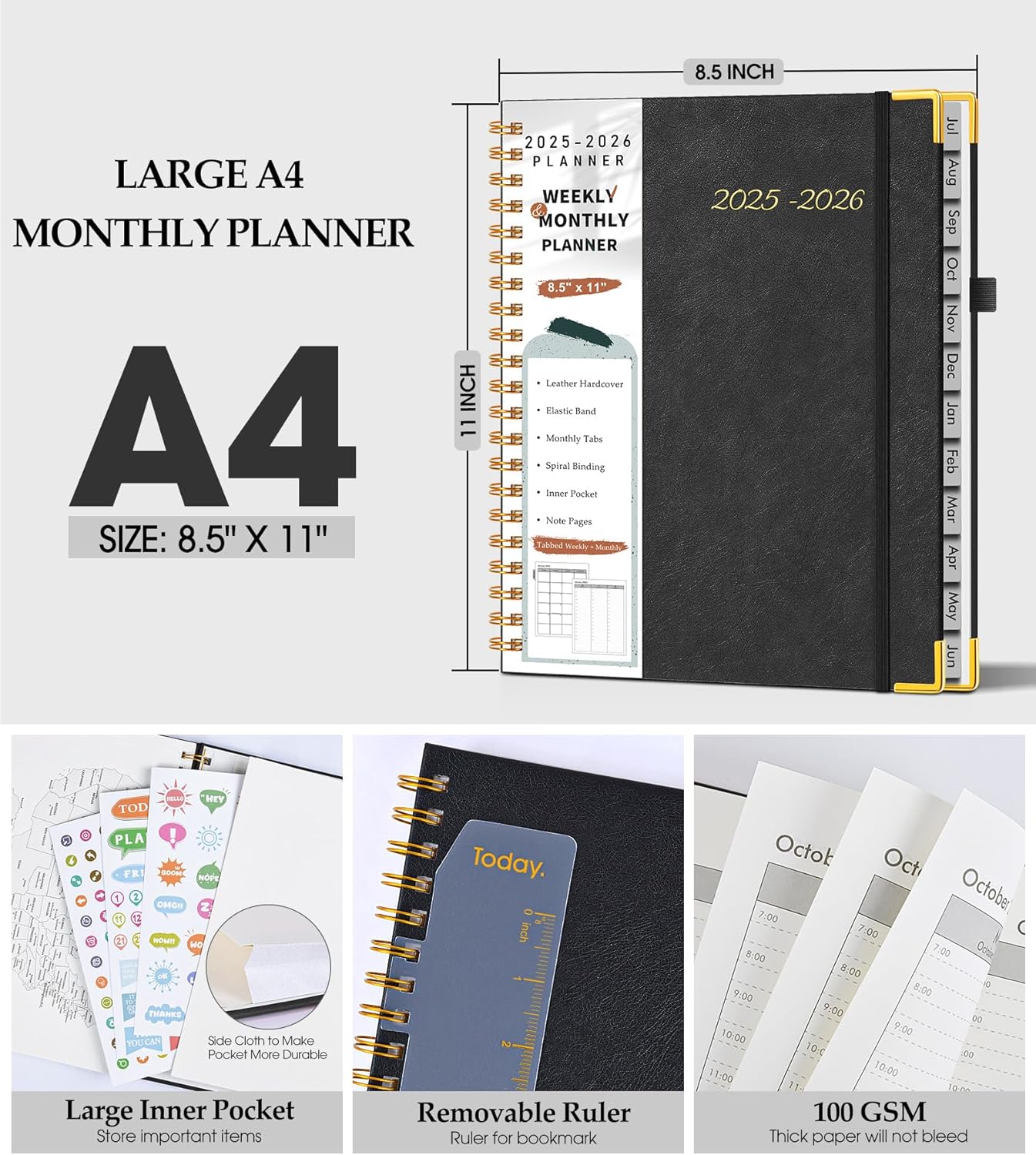 Academic Planner 2025-2026, Weekly and Monthly Calendar Planner from July 2025 - June 2026, 8.5" x 11" Hardcover Leather Hourly Appointment Book with Tabs, Spiral Daily Planners for College School Teacher Student, Black