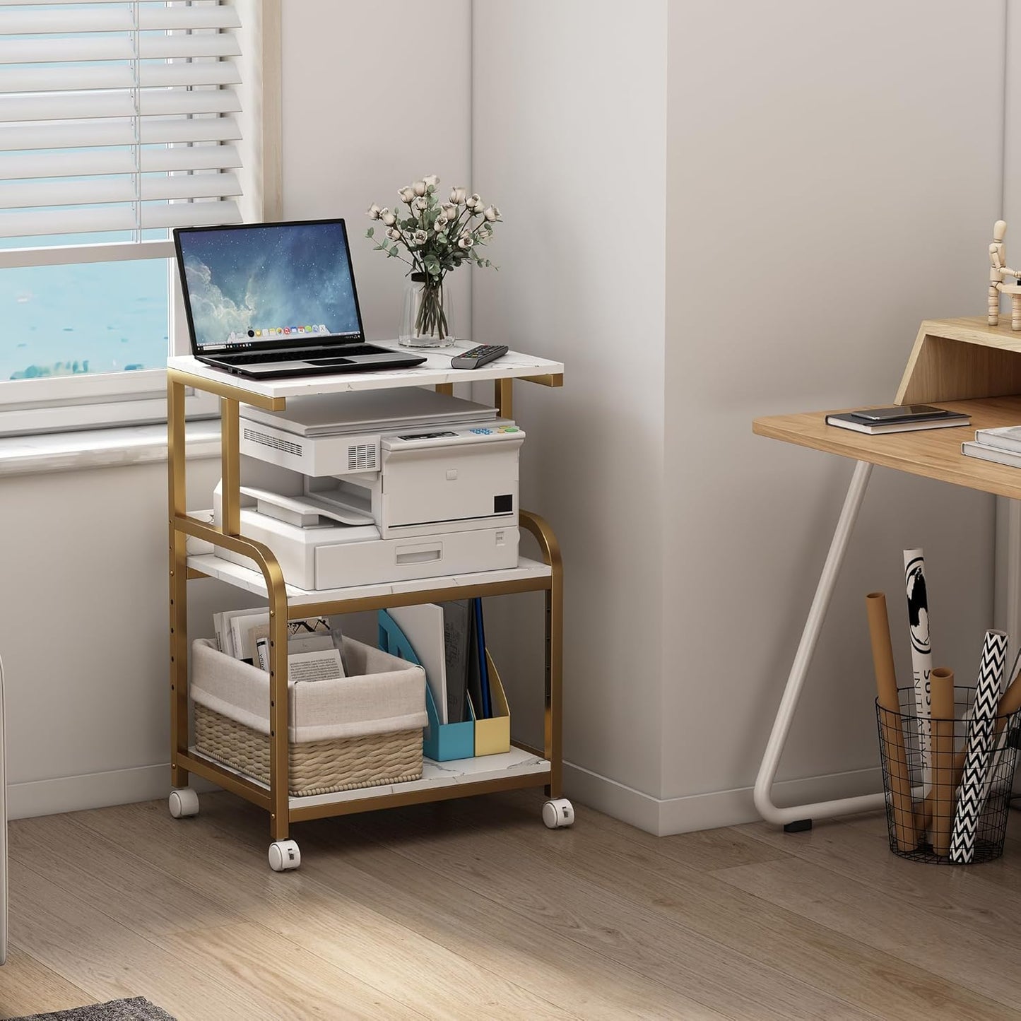 Printer Table with Storage for Home Office Organization, 3 Tier Printer Stand with Height Adjustable Shelf, Rolling Printer Cart with Wheels, White Gold