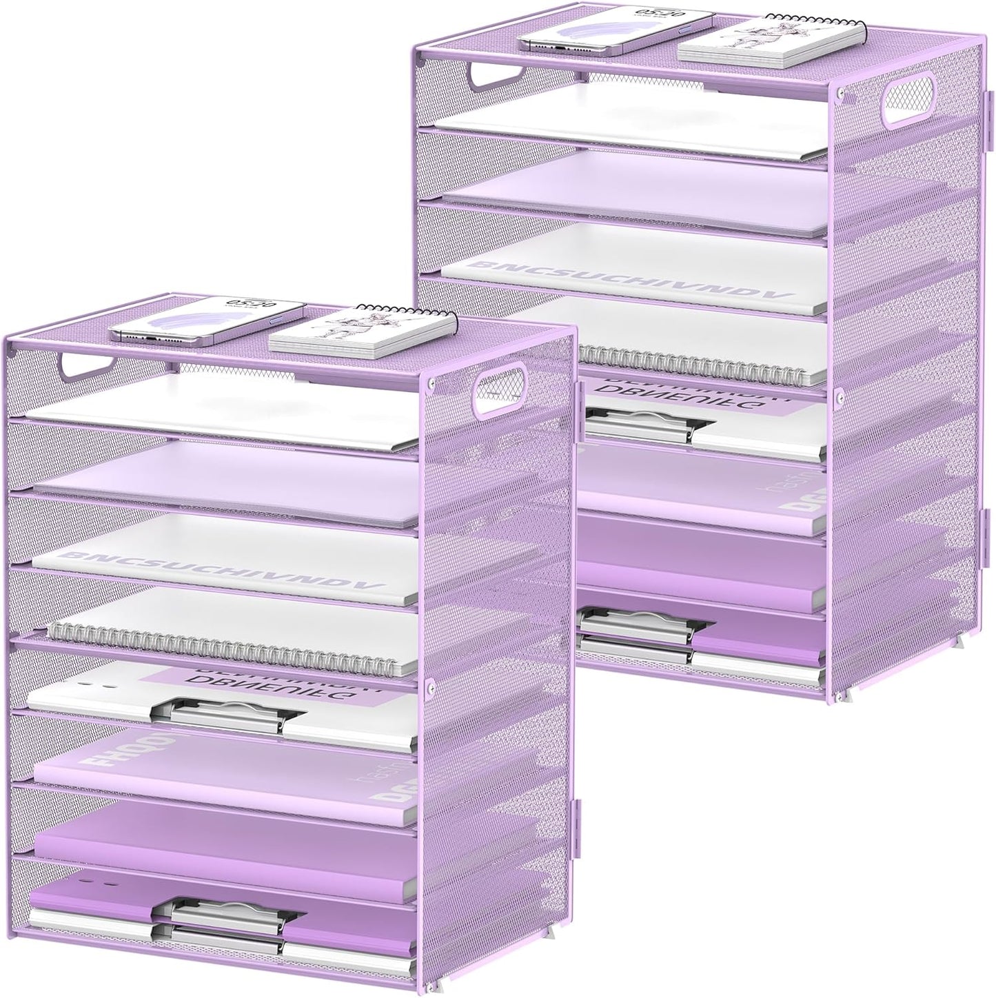 DALTACK 9-Tier Paper Letter Tray Desk Organizer with Handles, Mesh File Holder Organization, Paper Sorter Desk Organizer for Office Home School, Purple 2 Pack