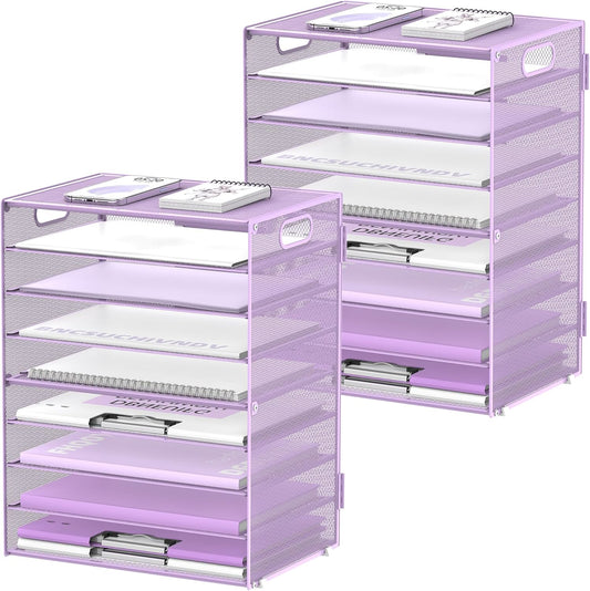 DALTACK 9-Tier Paper Letter Tray Desk Organizer with Handles, Mesh File Holder Organization, Paper Sorter Desk Organizer for Office Home School, Purple 2 Pack
