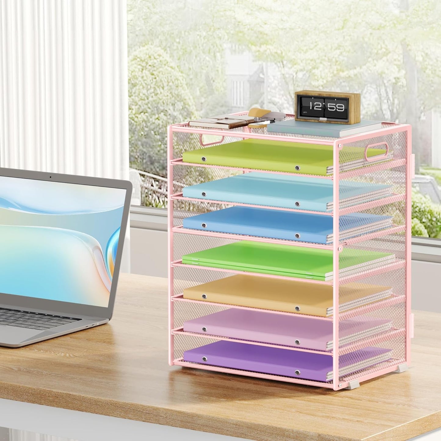 Paper Organizer with Handle Metal Mesh File Sorter Large Capacity Desk Organizers Paper Letter Tray Desktop Document Sorter for Office or Home2 Pack 8 Tier Pink Storage for Desk