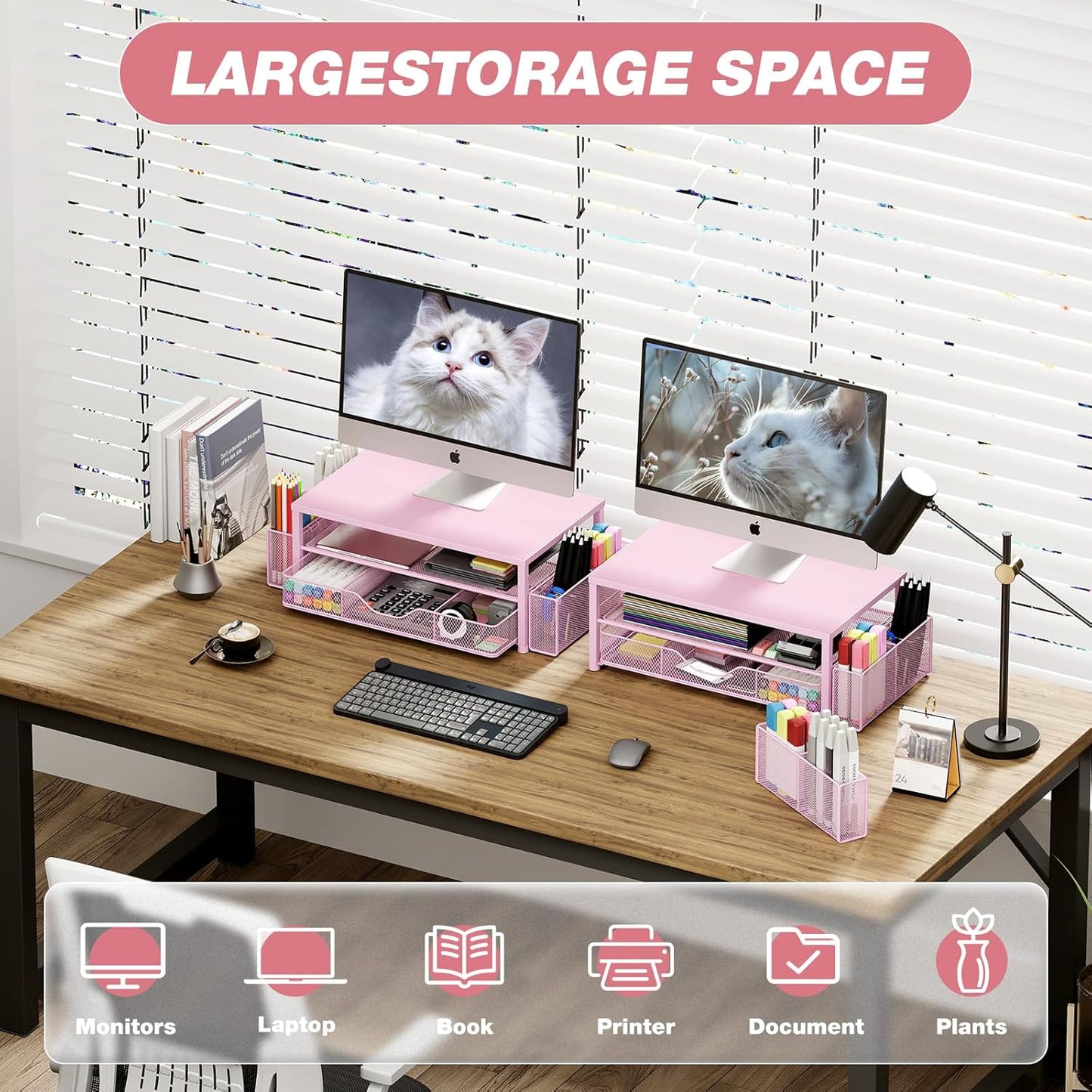 Desk Organizers and Accessories, 2-Tier Computer Monitor Stand Riser with Drawer and 2 Pen Holders, Laptop Stand, Office Desk Accessories for Office Supplies, Pink