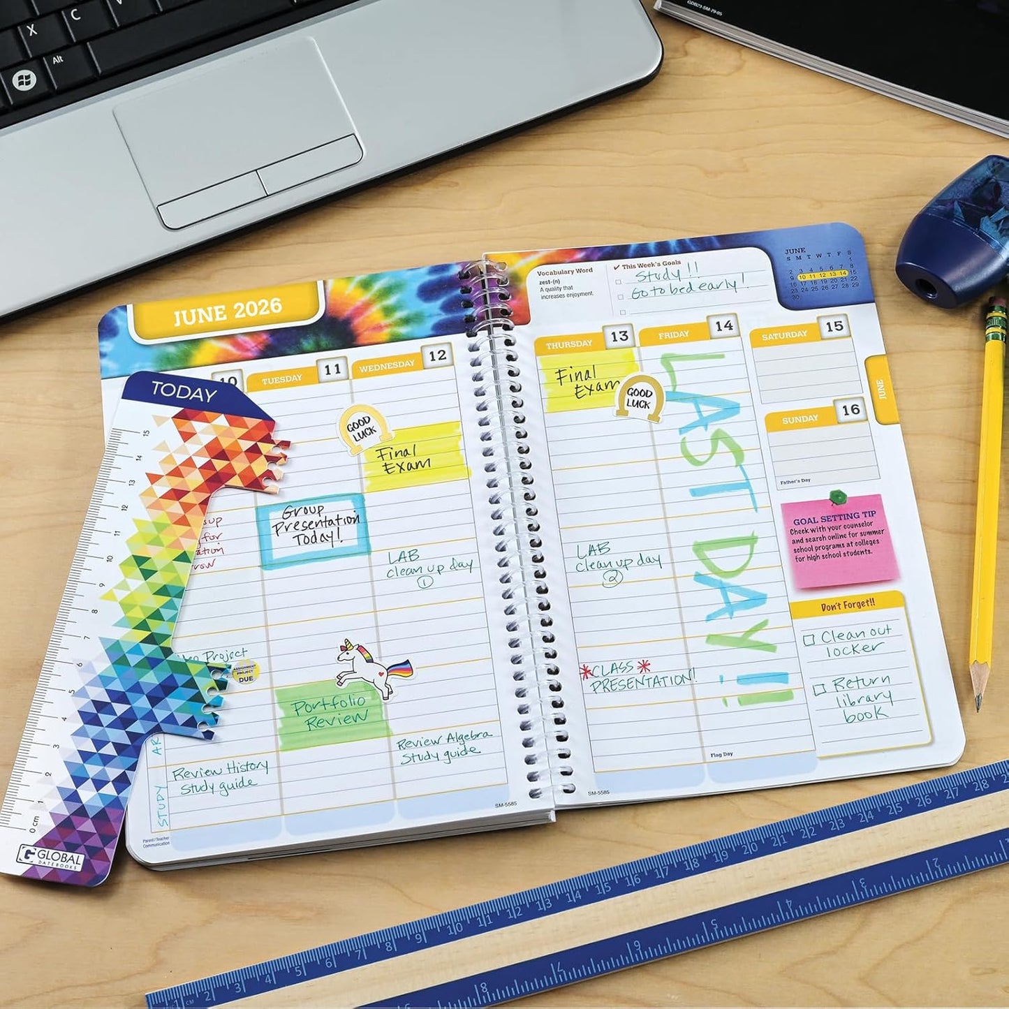 Global Datebooks Dated Middle School or High School Student Planner for Academic Year 2025-2026 Includes Ruler/Bookmark and Planning Stickers (Matrix Style - 5.5"x8.5" - Triple Stripe)
