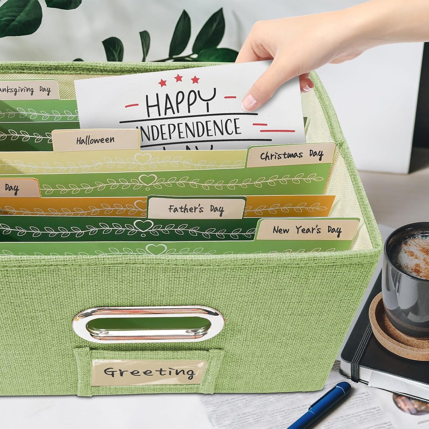 Vienrose Greeting Card Organizer 2 Pack, Storage Box with 40 Adjustable Dividers, Foldable Organizer Box Holds over 150 Cards, Storage Stickers Recipes Photos Envelopes Bills Vinyl Records, GrassGreen