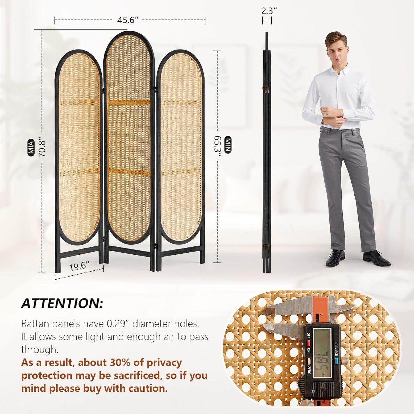 Hand-Woven Rattan Room Divider 3 Panels, 5.9 Ft Tall Wood Room Divider Panel, Partition Screen Divider Wall, Folding Privacy Screen, Wall Divider for Room Separation Home Office - Black