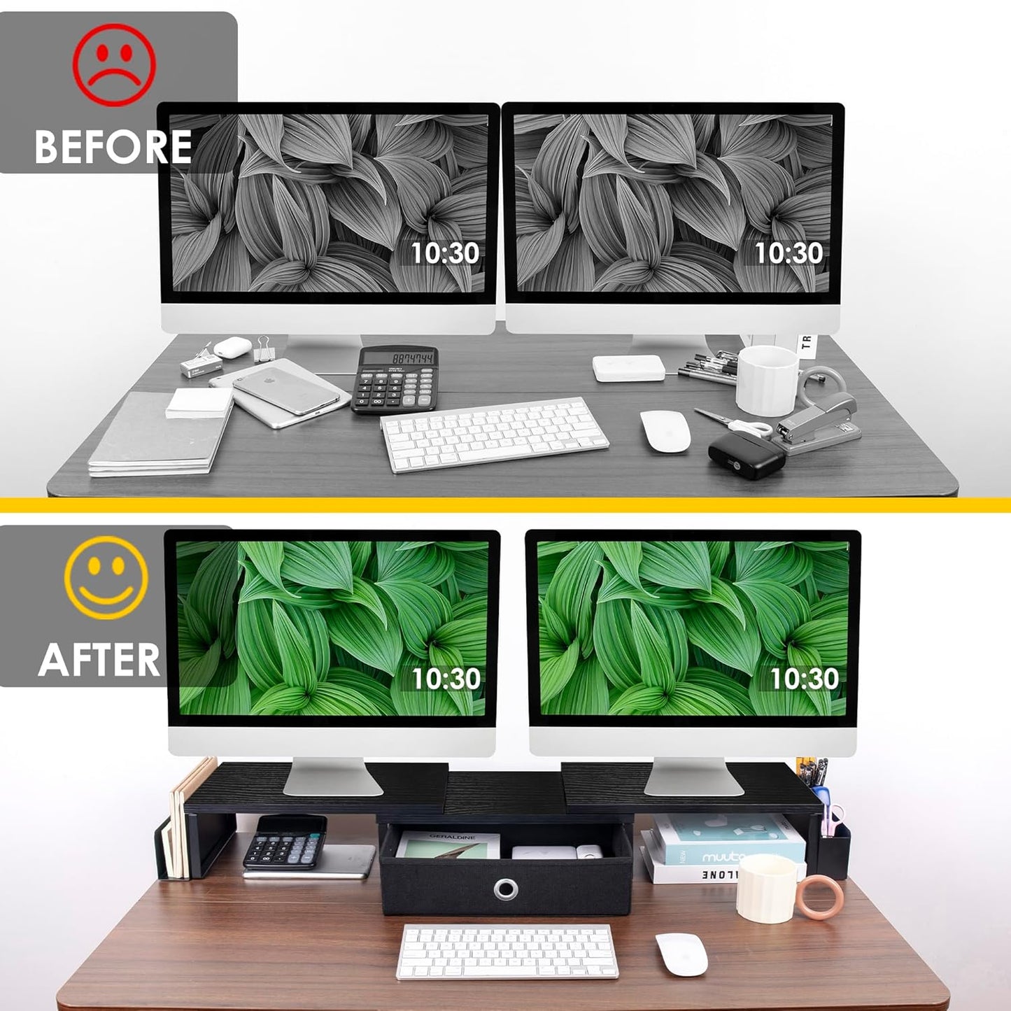 Dual Monitor Stand Riser w/ Drawer & Metal Leg, Large Computer Monitor Riser w/ Storage For 2 Monitors, Desk Shelf For Monitor w/ Adjustable Length & Angle, Desktop Organizer For Laptop/TV/Printer