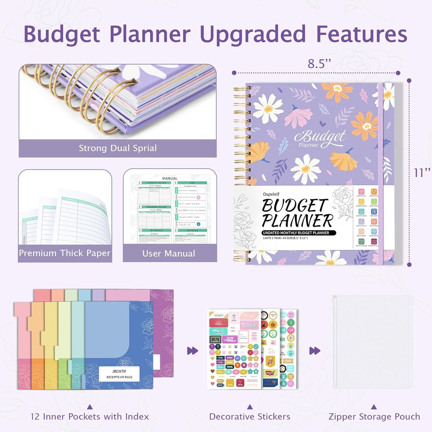 Ospelelf Budget Planner - Monthly Budget Book with Expense Tracker Notebook, Undated 12 Month Bill Organizer & Finance Planner, A4 Account Book with 12 Index Pockets, Zipper Pouch, Stickers Floral 3