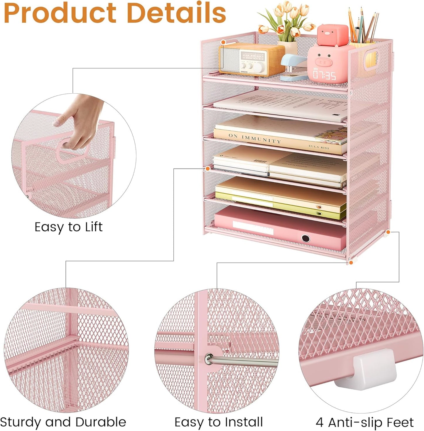Subekyu 6 Tier Office File Paper Desk Tray Organizer with Handle, Stackable Slide Mesh Letter Tray Folder Pink Desk Organizer, Desktop Document Sorter for Classroom, Office, Home Supplies Storage