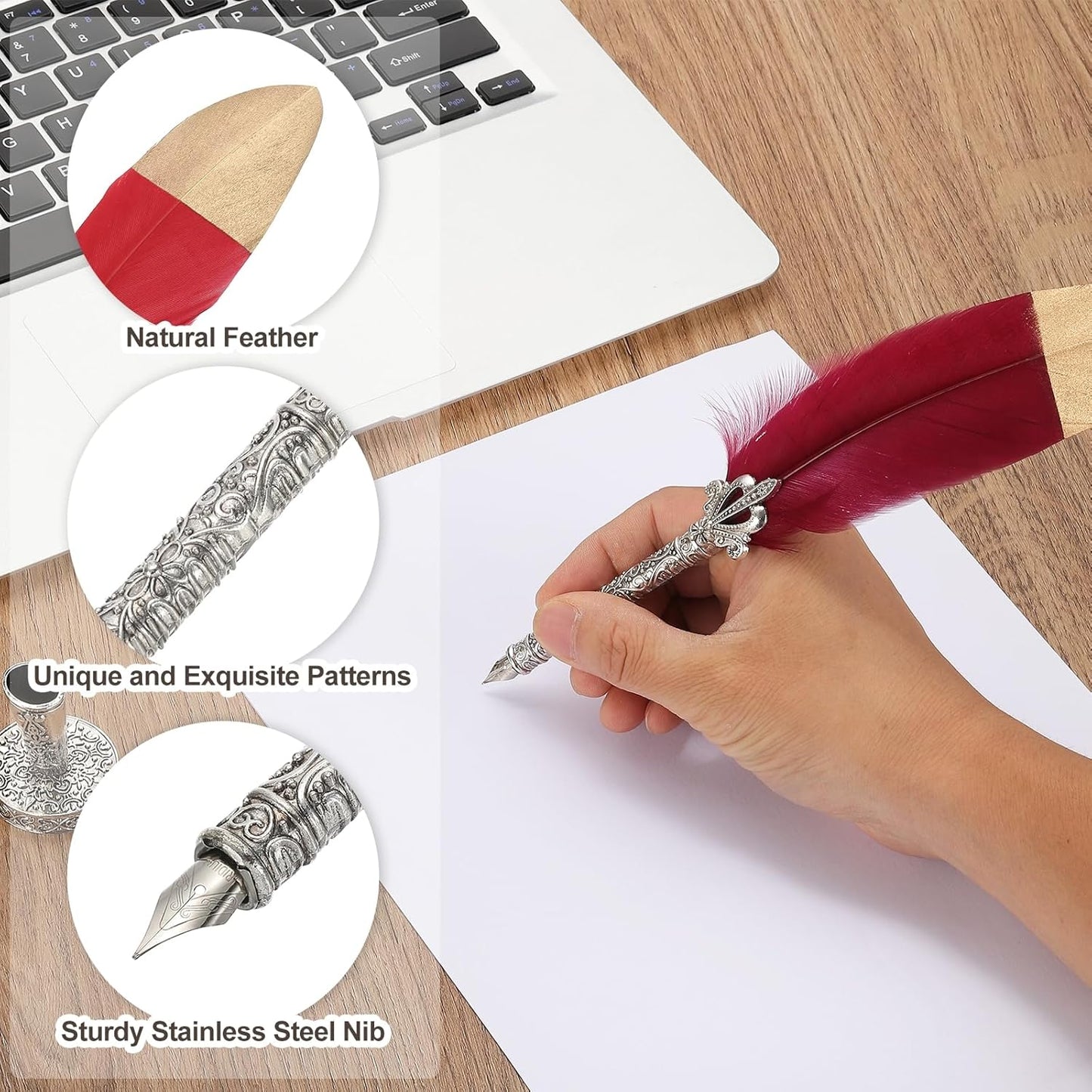 PATIKIL Feather Quill Pen Set, 1 Set Vintage Feather Calligraphy Pen Fountain Dip Pen Set with Ink, Pen Holder and Replacement Nibs for Beginner Writer Writing Gift, Dark Red