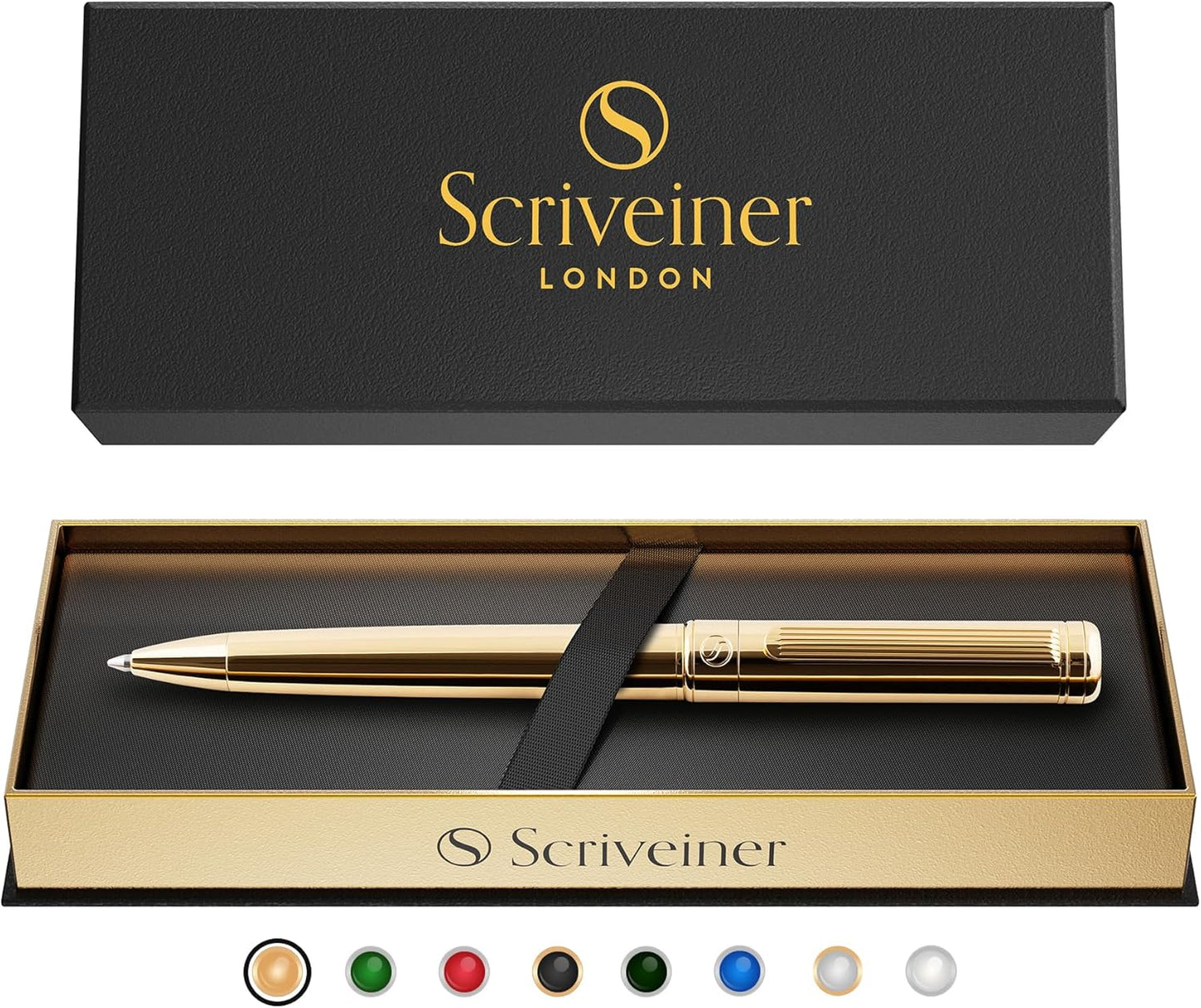 Scriveiner Gold Ballpoint Pen - Stunning Luxury Pen, Real Gold Plating, Schmidt Black Refill, Best Ball Pen Gift Set for Men & Women, Professional Executive Office, Nice Fancy Designer Pens