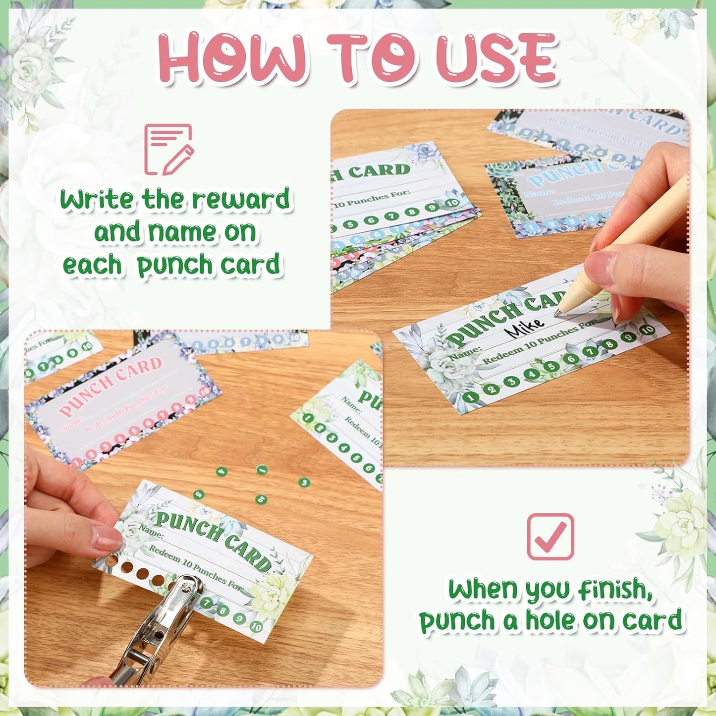 Fumete 400 Pcs Punch Cards for Classroom Reward Cards Behavior Incentive Loyalty Awards for Kids Students Teachers School Business, 8 Styles, 3.5 x 2 in(10 Succulent Punches Style)