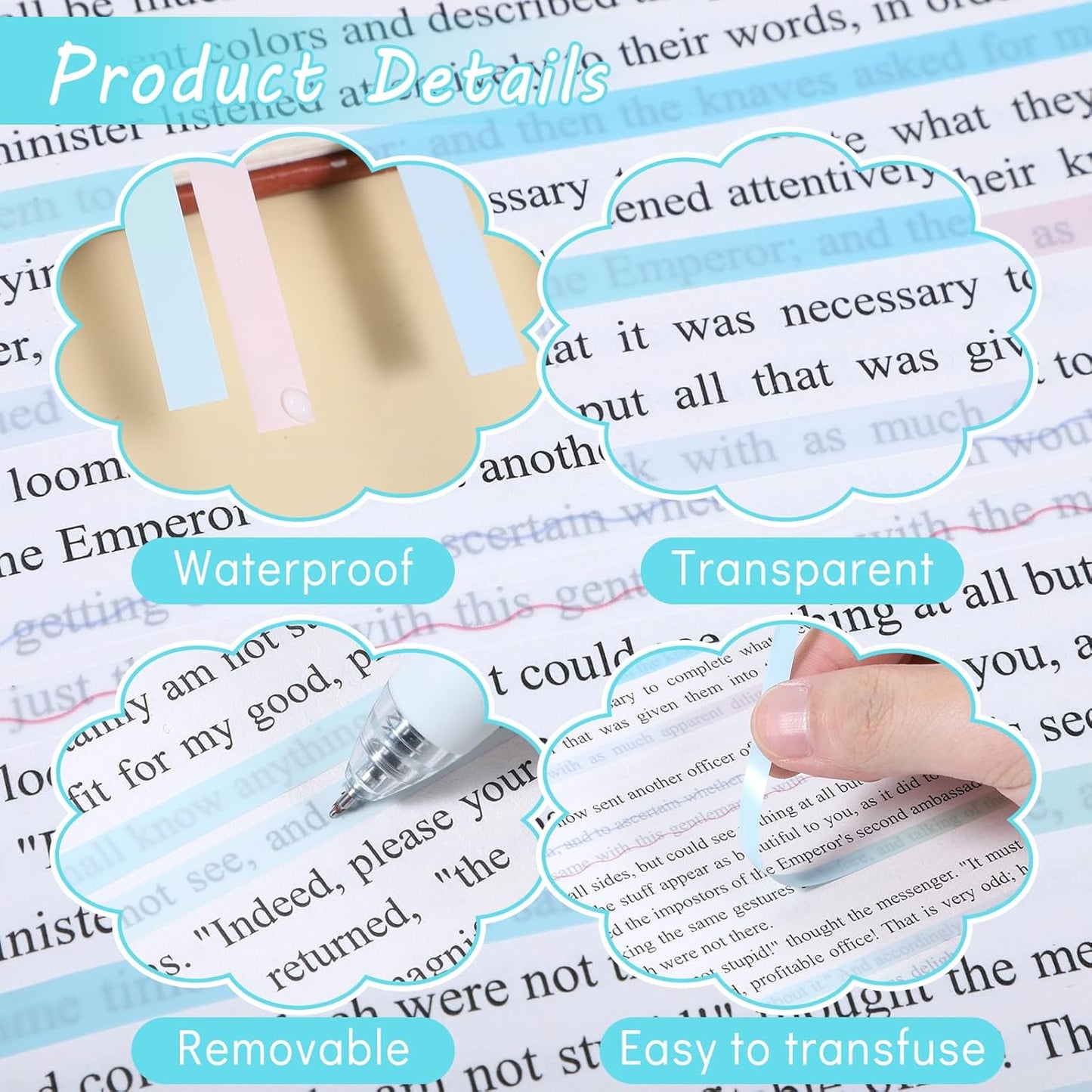 Transparent Highlighter Strips for Reading, Sticky Long Tabs 6 Sheet 960 Pcs Highlighter Tape Translucent Sticky Tabs Reusable Gradient Removable Tapes Tab for Long Page Notes Annotating Books