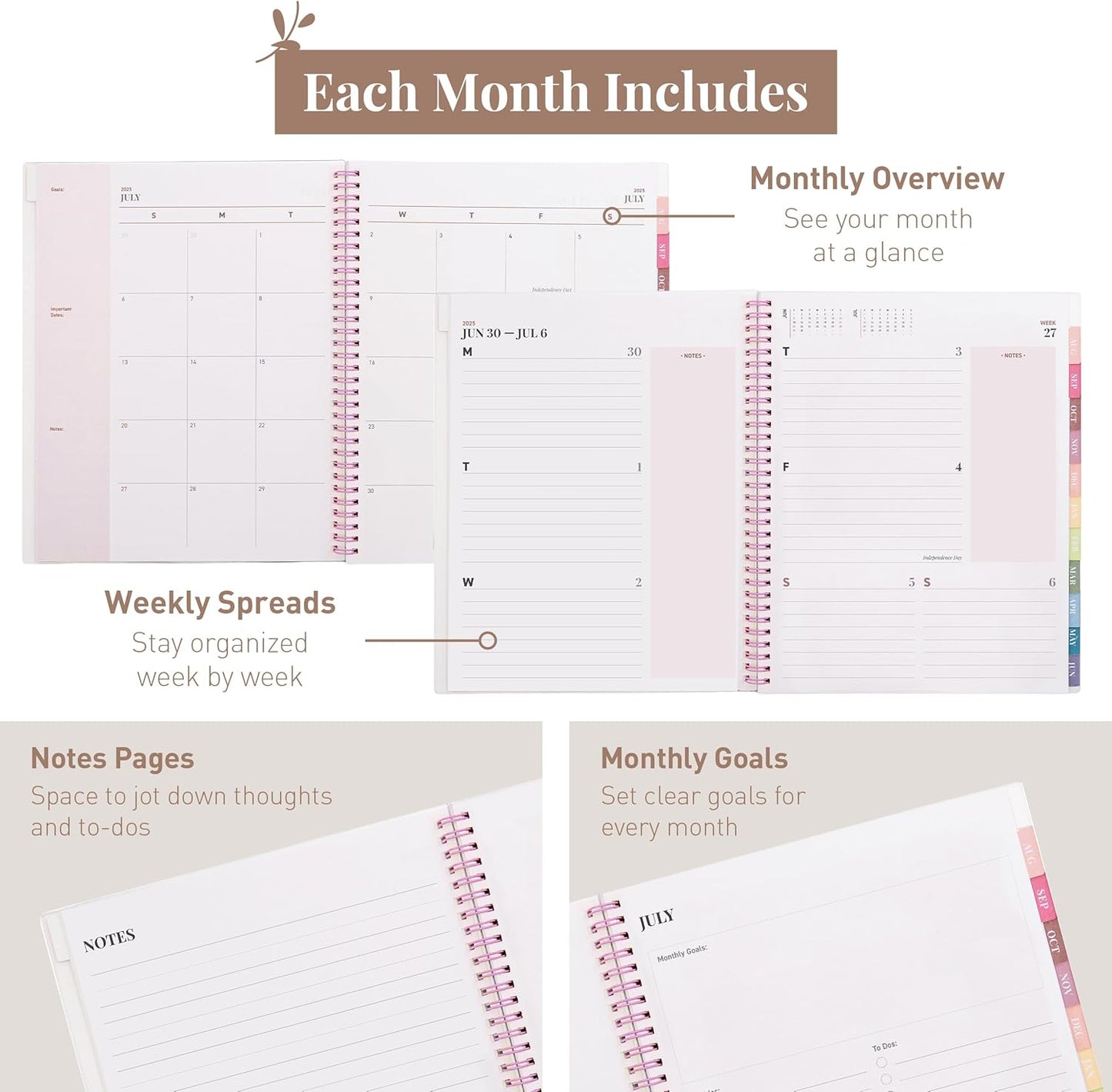 Rileys Academic Planner 2025-2026, Daily, Weekly & Monthly Planner, July 2025 - June 2026, Student Notes Pages, Twin-Wire Binding, Weekly Agenda for School & Work (8.5 x 11-Inches, Pink, Deco)