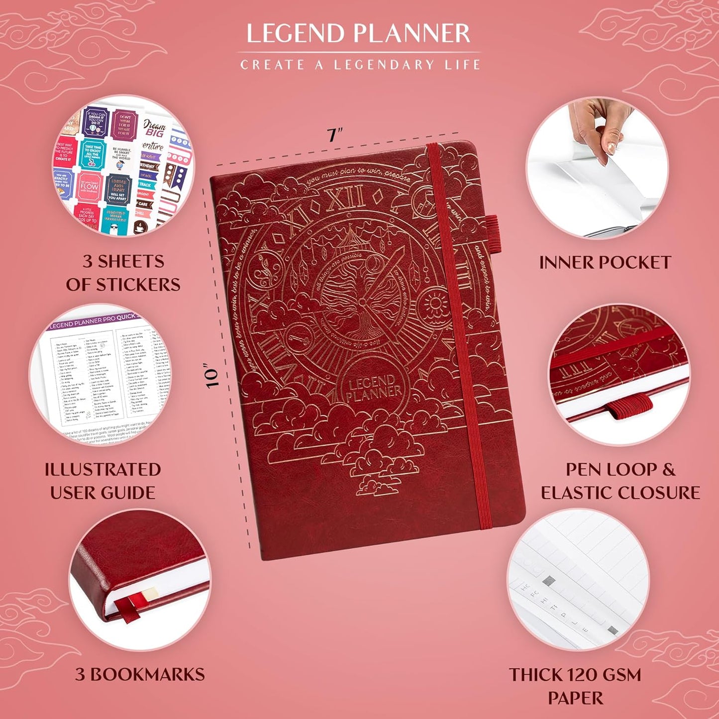 Legend Planner PRO – Deluxe Weekly & Monthly Life Planner to Increase Productivity and Hit Your Goals. Time Management Organizer Notebook – Undated – 7 x 10" Hardcover + Stickers – Wine Red