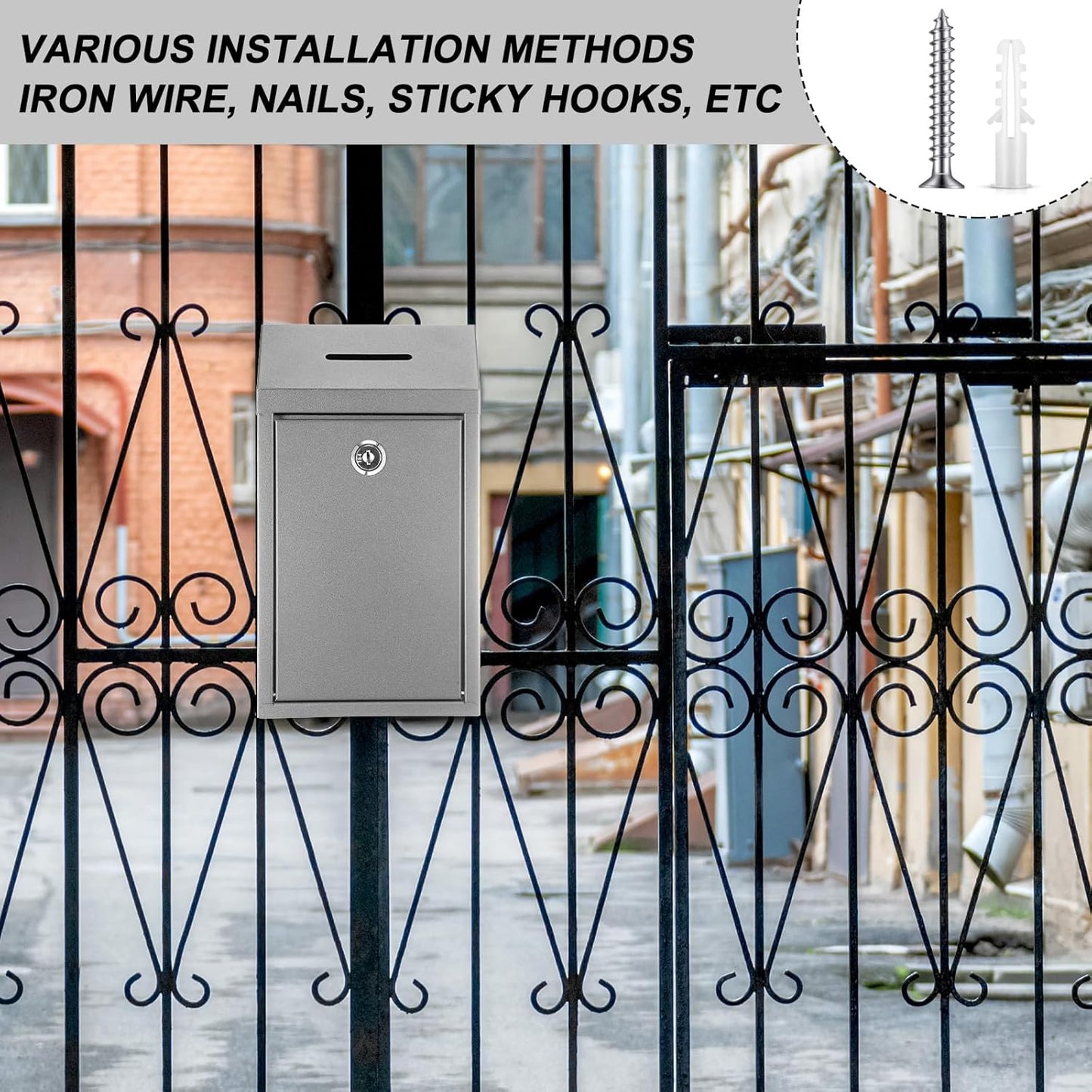 Metal Donation Cash Box Collection Safe Suggestion Box with Lock Wall Mounted Mailbox Delivery Ballot Container for Home Office Outdoor Door