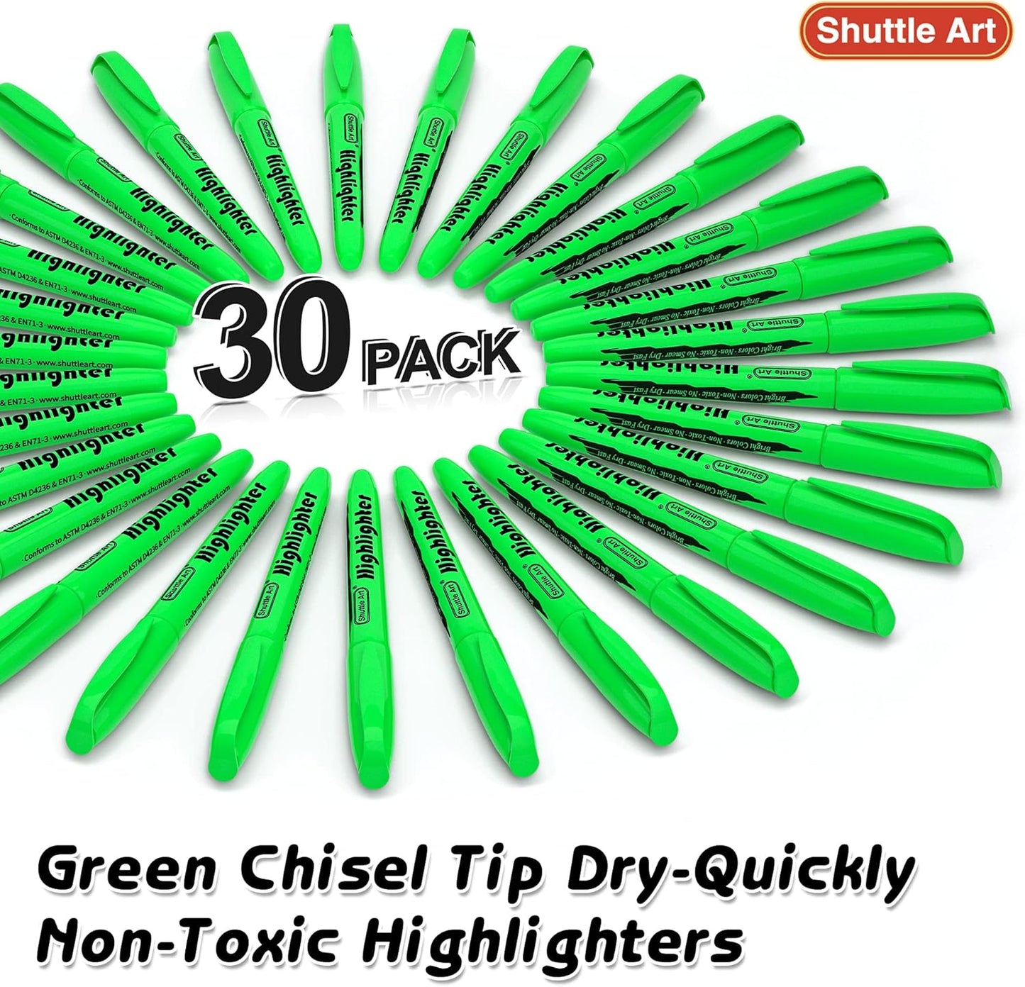 Shuttle Art Highlighters, 30 Pack Green Highlighters Bright Colors, Chisel Tip Dry-Quickly Non-Toxic Highlighter Markers for Adults Kids Highlighting in Home School Office