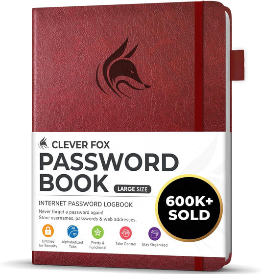 Clever Fox Password Book with alphabetical tabs. Internet Address Organizer Logbook. Large Password Keeper for Website Logins (Wine Red)