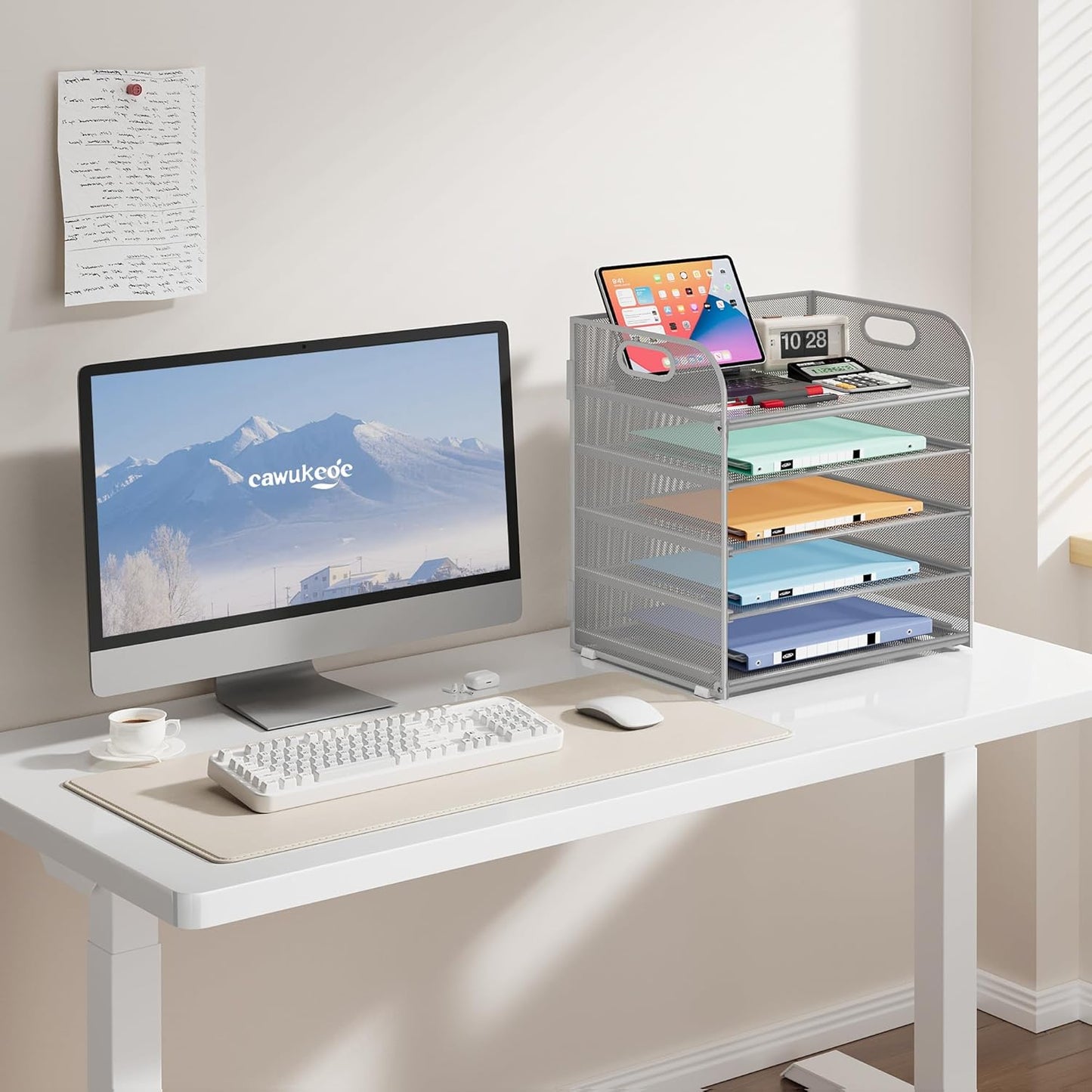 5 Tier Paper Organizer with Handle, Metal Mesh Desk Organizer File Folder Paper Letter Tray Desktop Document Sorter for Classroom, School, Office Accessories Organization and Storage - Silver