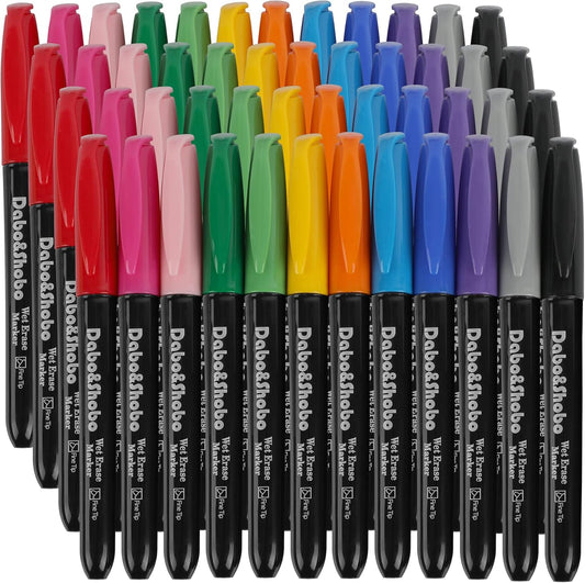 Dabo&Shobo Wet Erase Markers, 48-Count Smudge-Free, 12 Colors Fine Tip, Erases with Water! Low Odor Markers for Office, School & Home