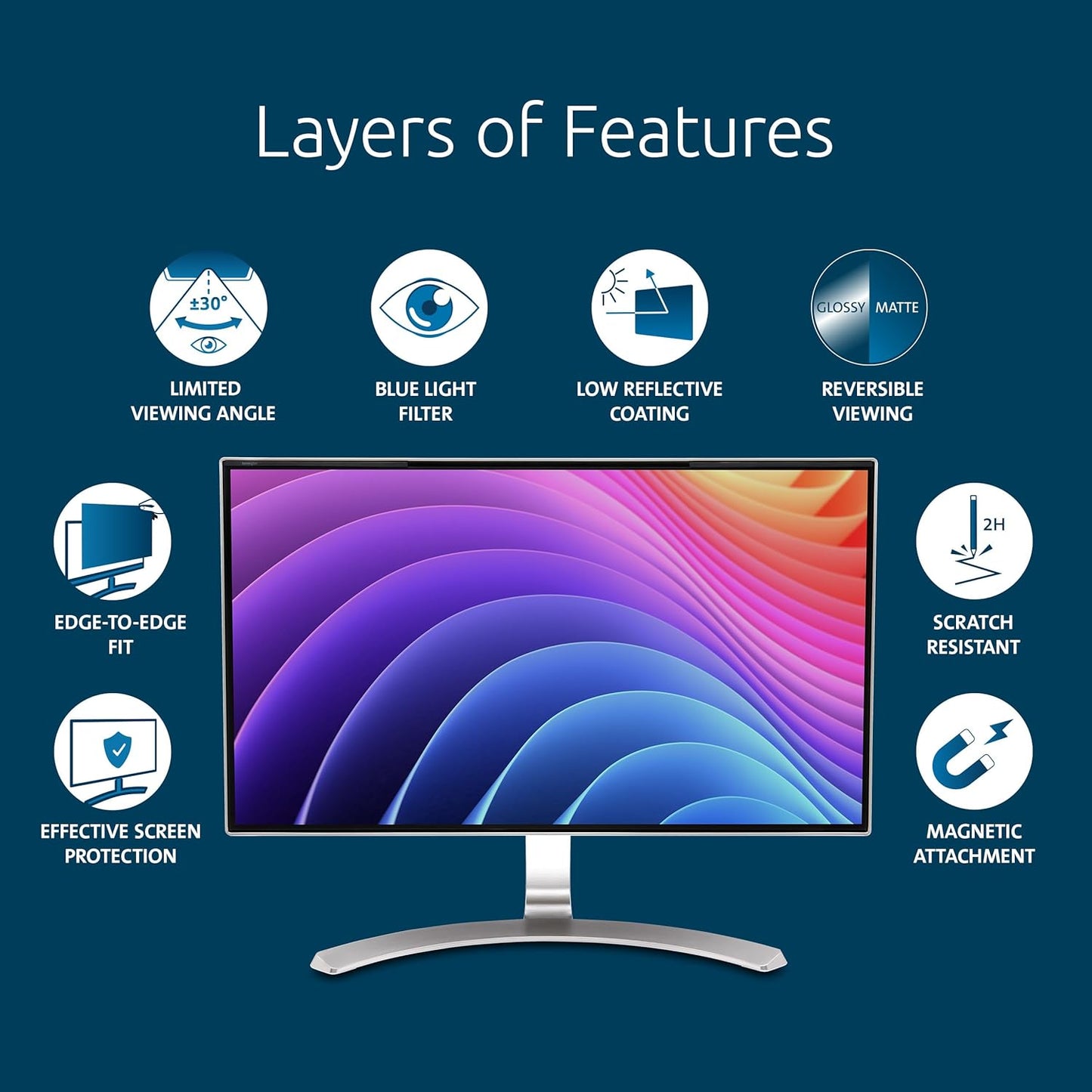 Kensington MagPro 24 Inch Magnetic Computer Privacy Screen for Desktop, Removable 16:9 Computer Privacy Filter, Anti-Glare Blue Ray Reduction, Compatible with Slim Bezel Monitors, K55418WW