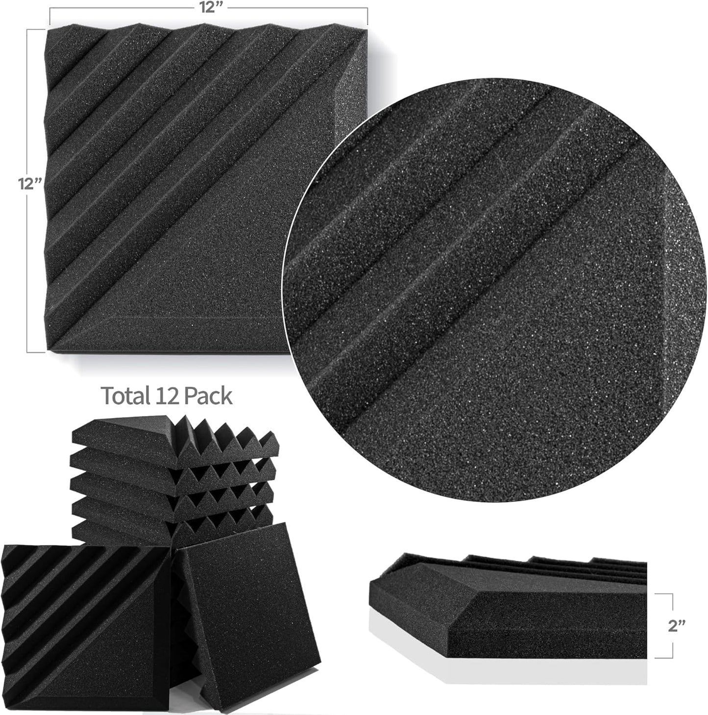 12 Pack Sound Proof Foam Panels for Walls, 12x12x2 Inches Half-Slash Style Acoustic Panels for Home Studio Acoustic Treatment (Black)