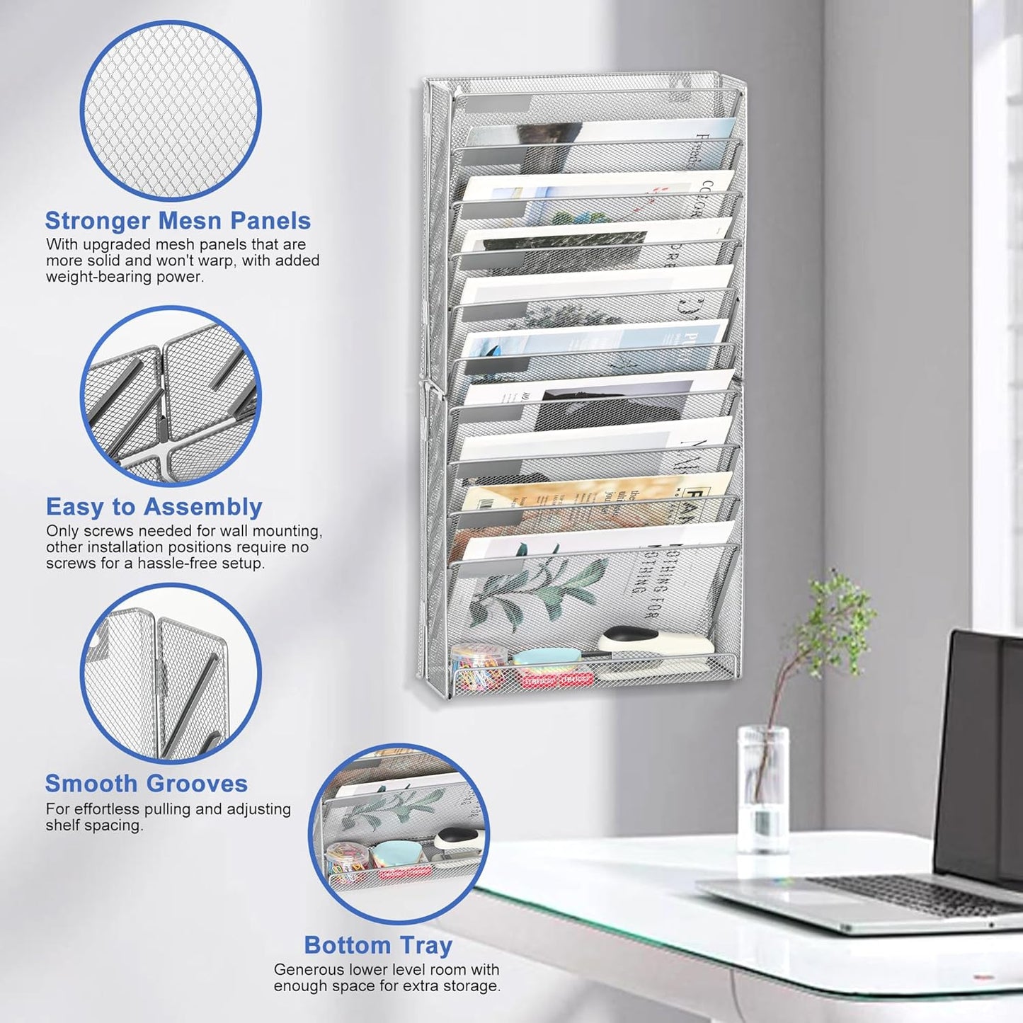 EasyPAG Wall File Holder Organizer 11 Tier Mesh Hanging Wall Mounted Document Paper Folder Filing Magazine Rack with Nametag Label for Office Home School, Silver