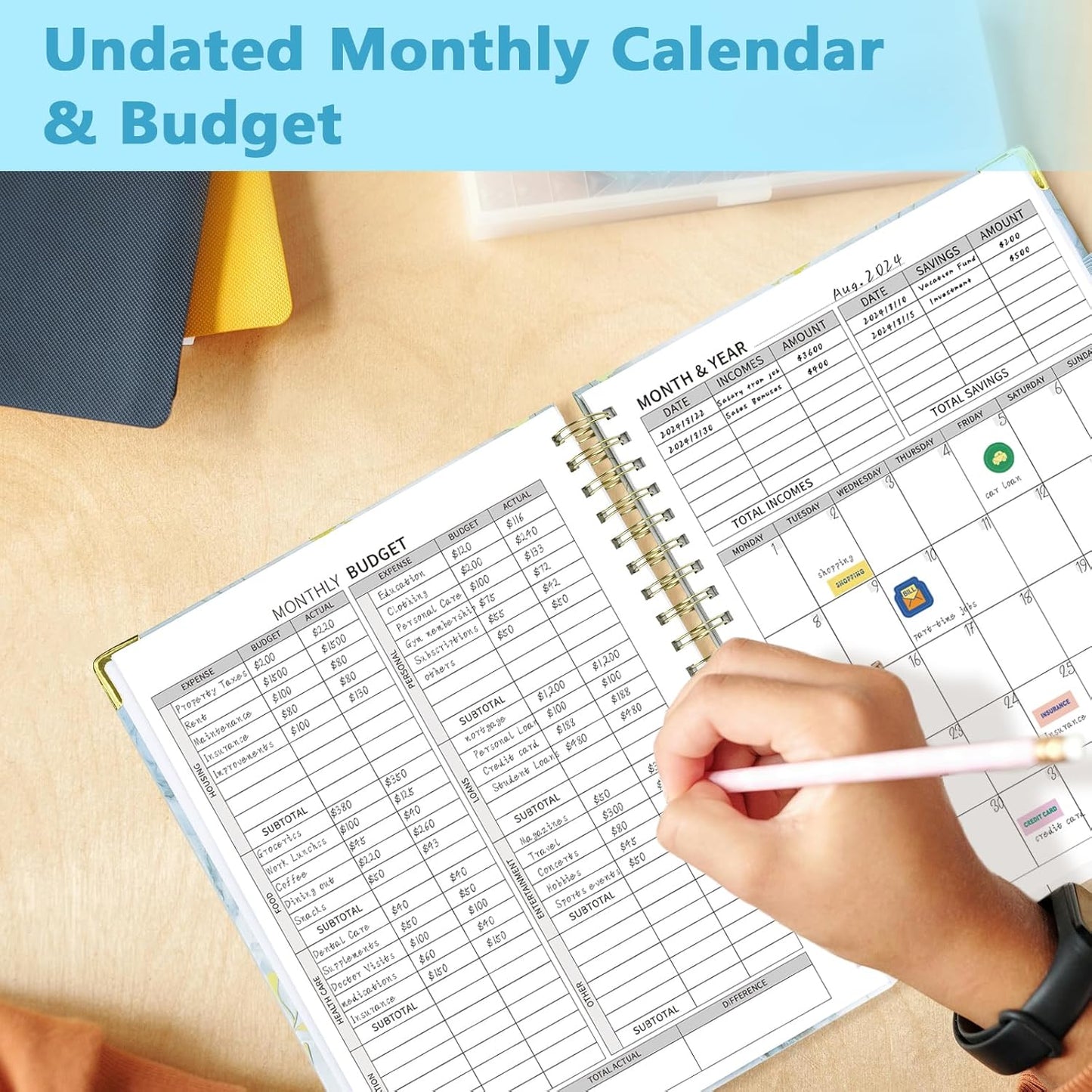 Ospelelf Undated Budget Planner with Expense Tracker and Bill Organizer Large Spiral Bound Monthly Account Planners to Take Control of Your Money 12 Months Blue