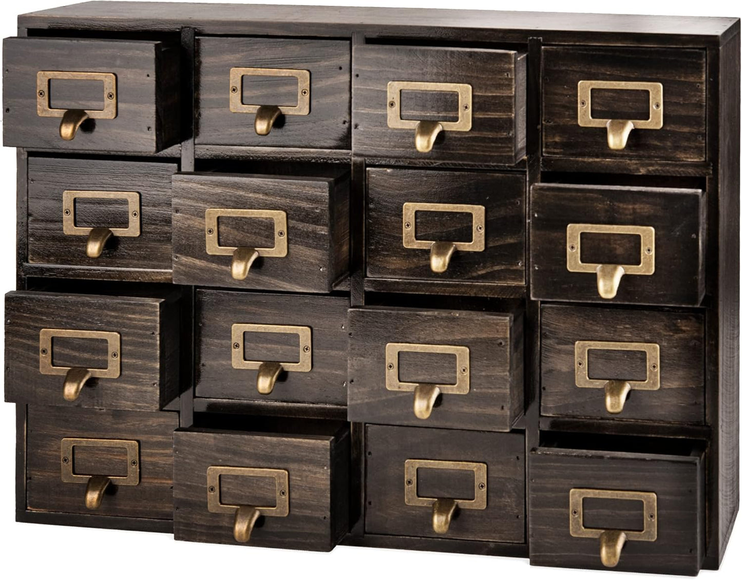 Dark Ash 16-Drawer Card Catalog Artisan Drawer Chest - 20"x3.6"x14" - Desktop Apothecary Crafted in Solid Wood, Curating Timeless Order - A 4-Tiered Storage with Label Holders & Handles for Your Table