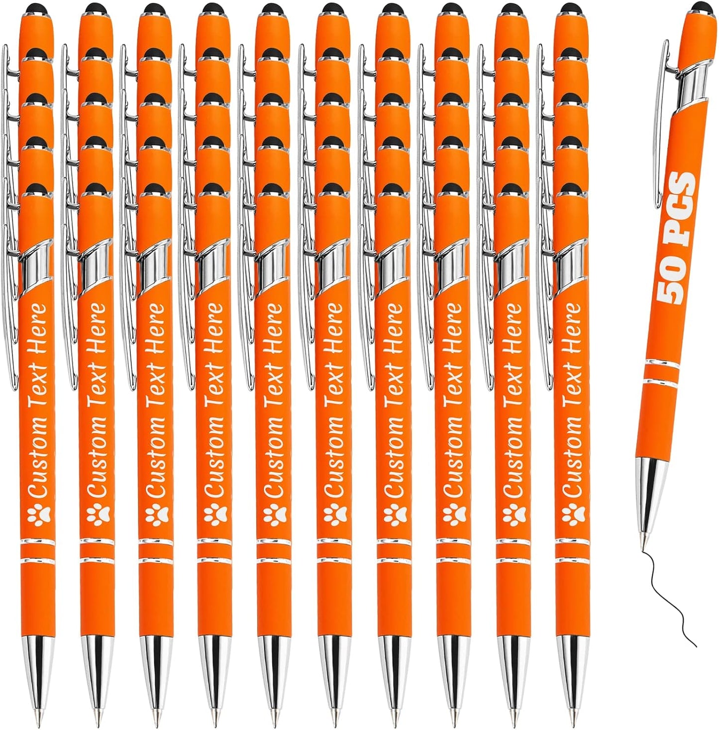 Personalized Pens Bulk 50 with Name Custom Engraving Ballpoint Pens with Stylus Tip Customized Smooth Writing Pens Personalized Gifts for Anniversary Birthday or Graduation(Orange,Black Ink)