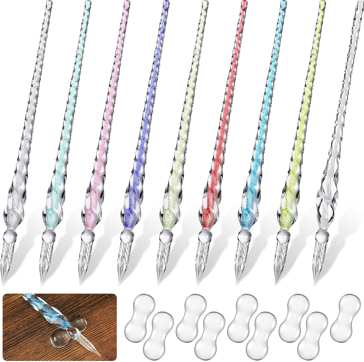 Outus 9 Pieces Glass Dip Pen Handmade Glass Signature Pen High Borosilicate Glass Crystal Vintage Dip Pen with 9 Pieces Pen Holder for Writing Drawing Calligraphy (Classic Color)