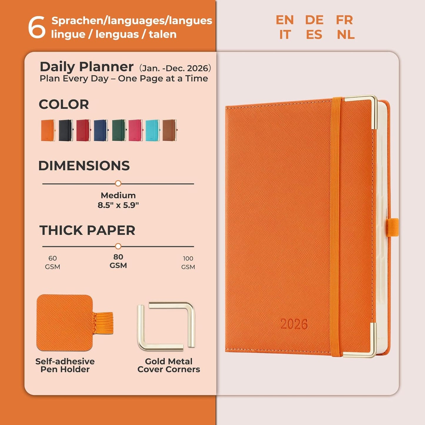 Daily Planner 2026 with One Page Per Day,(A5-8.5" x 5.9"),12 Months Calendar Hourly Appointment Book Monthly Tabs & Self-adhesive Pen Holder,Inner Pocket, Vegan Leather Hardback,Orange