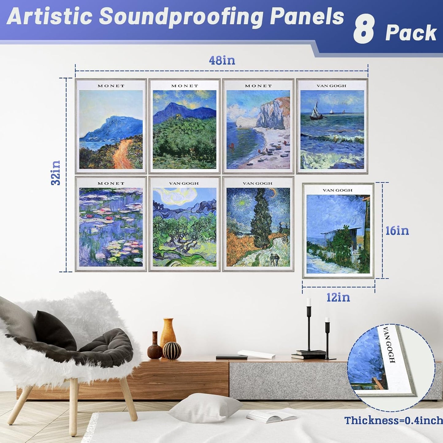 8 Pack Art Acoustic Panels, 48"x32" Soundproof Wall Panels, Decorative Sound Absorbing Panels with Self Adhesive, Sound Dampening Panels, Acoustic Treatment for Home, Office, Studio(Painting)