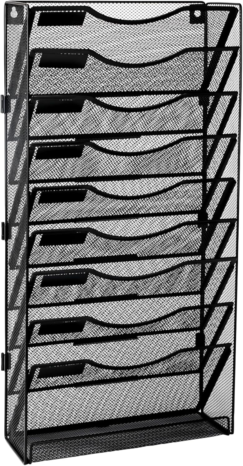 EasyPAG Wall File Holder Organizer 10 Tier Mesh Hanging Wall Mounted Document Paper Folder Filing Magazine Rack with Nametag Label for Office Home School, Black
