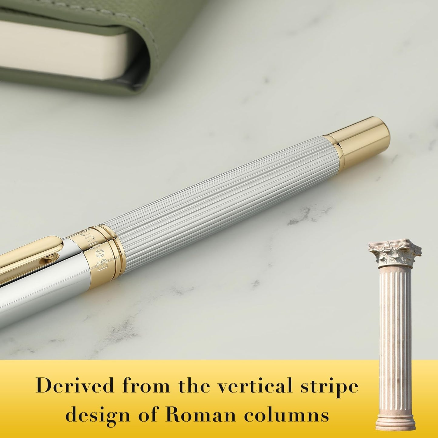 BEILUNER Lighthouse series Rollerball pen, Silver Chrome pen body, exquisite vertical lines, Schneider 850 refill, suitable for men, office, professionals, exquisite and chic designer pen