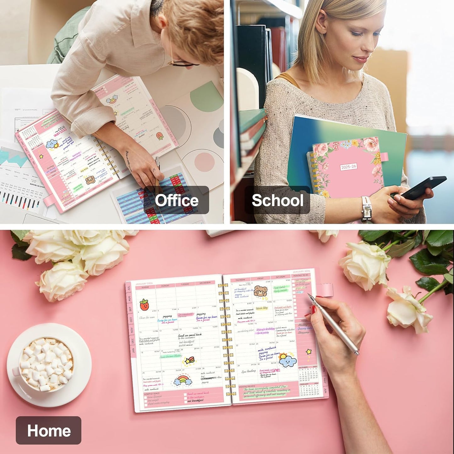 Planner 2025-2026, Weekly and Monthly Planners for Women, AIMPEAK Academic Calendar Planner for Teacher & Student, Jul.2025 - Jun.2026, Monthly Tabs, Spiral Binding, Pink Garland, 5.5"x8.5"