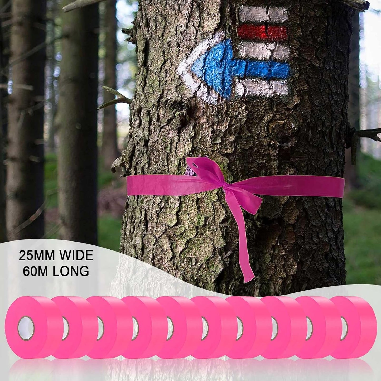 10 Pack Pink Flagging Tape, Non-Adhesive Plastic Ribbon Neon Marking Roll, 1inch*2000ft, Marking Tape for Tree Marking, Hunting, Boundaries and Hazardous Areas,Trail Marking