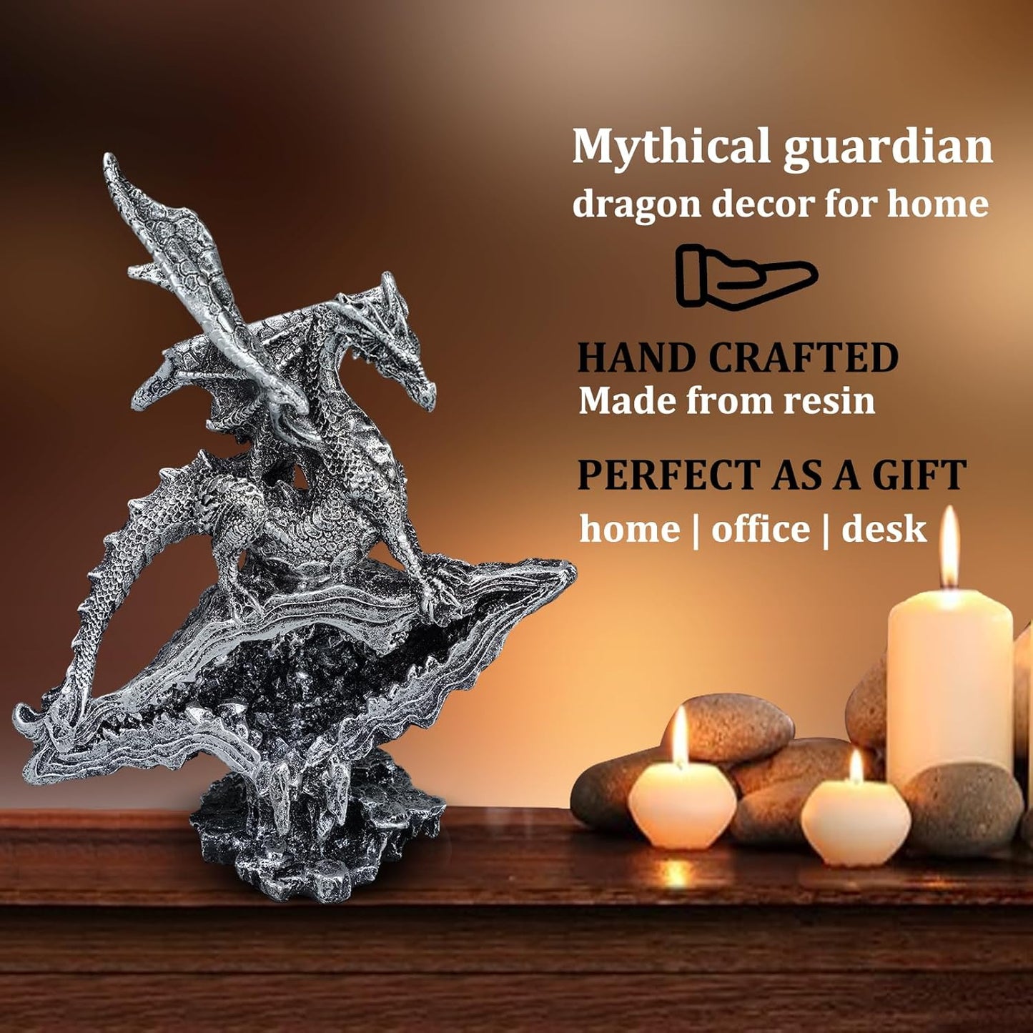 Gothic Medieval Mythic Dragon Figurine Statue Fantasy Decoration Table Office Home Bedroom Livingroom Decoration Gift (7 Inches,Silver)