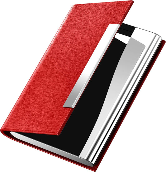 Padike Business Card Holder, Red Faux Leather Wallet with Stainless Steel, RFID Protected