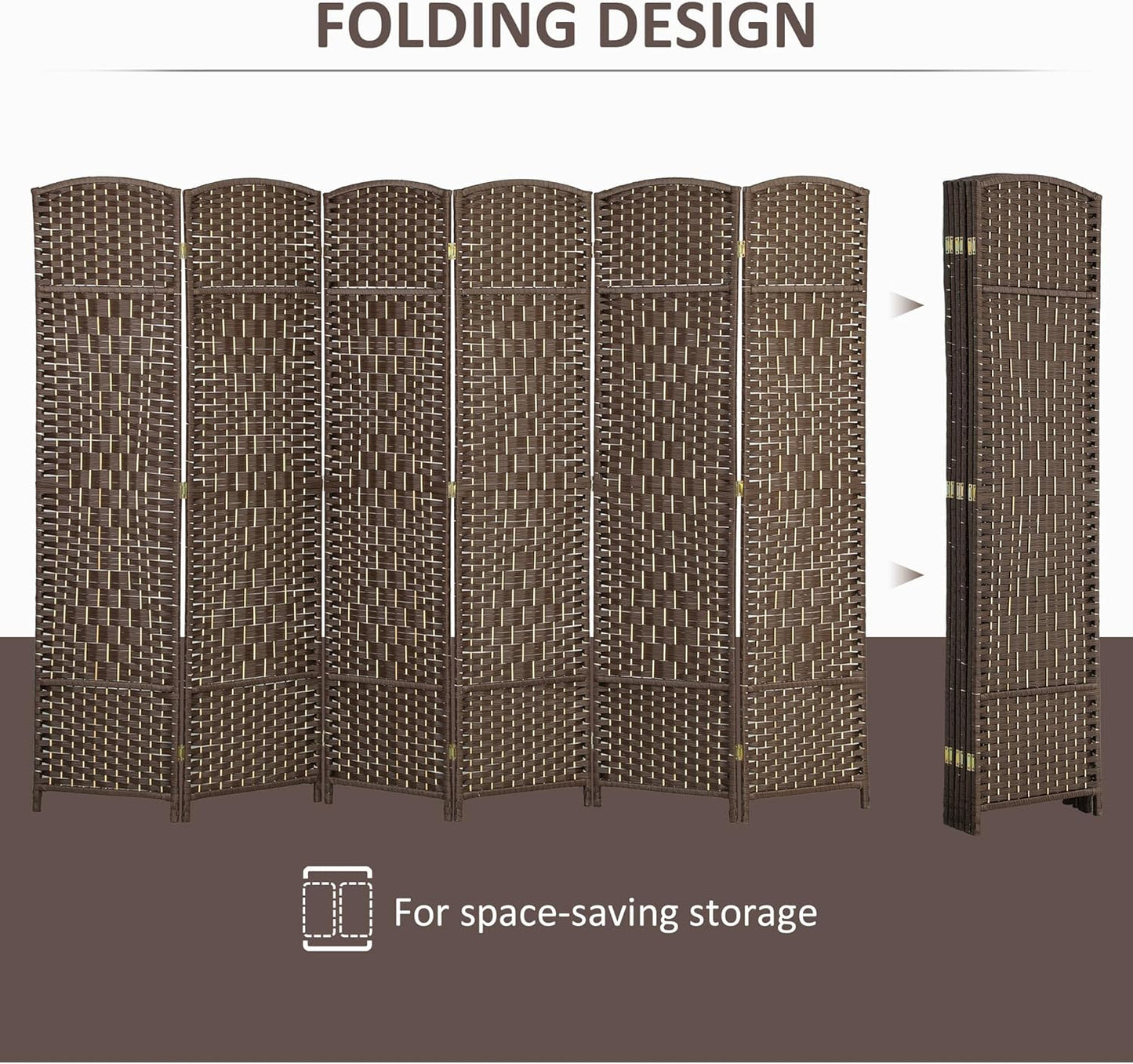 HOMCOM 6 Panel Room Divider, 6' Tall Folding Privacy Screen, Hand-Woven Freestanding Wall Partition for Home Office, Bedroom, Brown