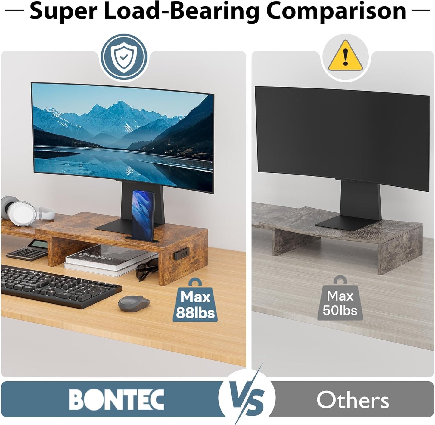 BONTEC Dual Monitor Stand for Desk, Adjustable Length and Angle Monitor Stand Riser with Smartphone Holder, Desk Shelf for Top of Desk, Computer Monitor Stand with Storage, Office Desk Organizer, Rustic Brown