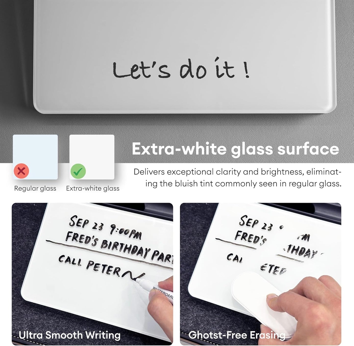 Glass Desktop Whiteboard with Storage 12"x6.5", Glass Whiteboard Desk Dry Erase Board w. 2 Markers,1 Eraser Monitor Mono Board, Office Desk Accessories, Work from Home Essentials