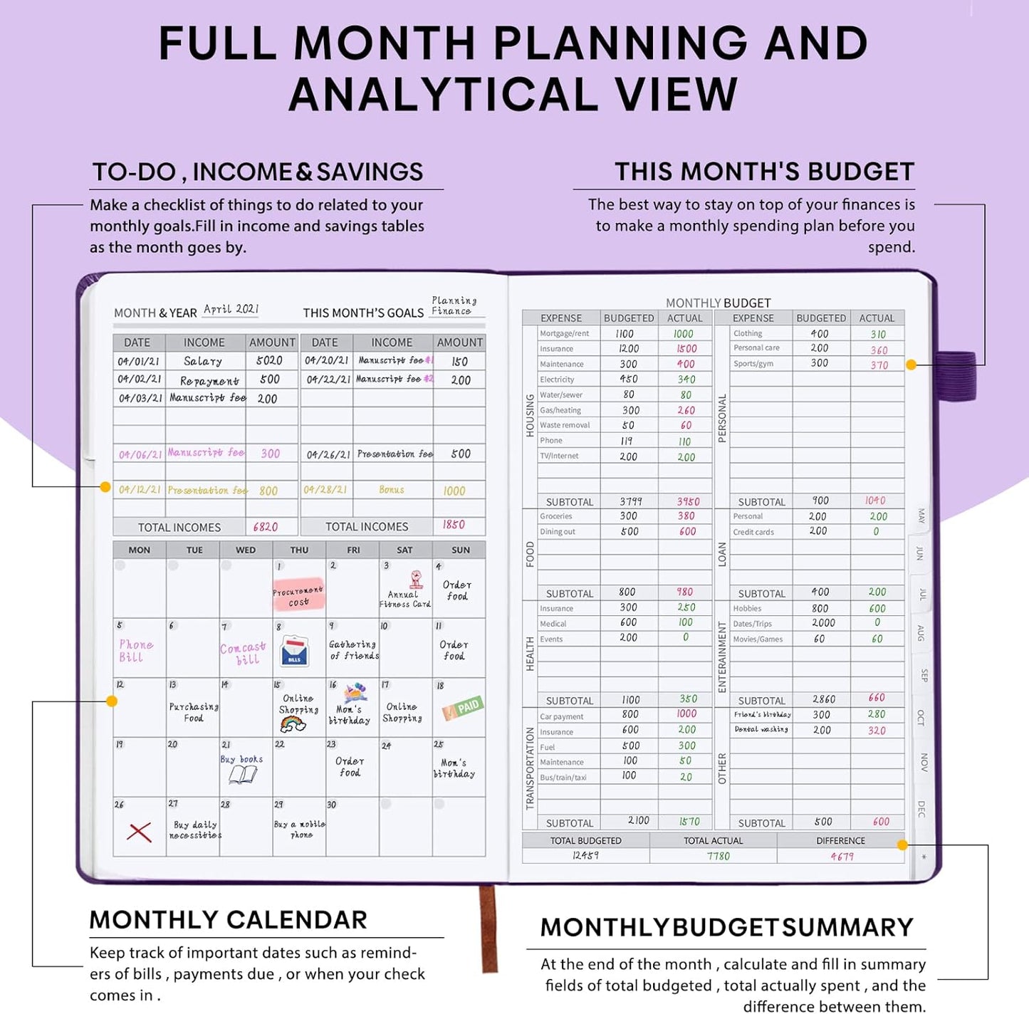 Budget Planner with Monthly Tabs - 7" x 10" Hardcover Budget Book, Monthly Bill Organizer with Pockets, Undated Finance Planner with Expense Tracker Notebook to Take Control Your Money-Purple